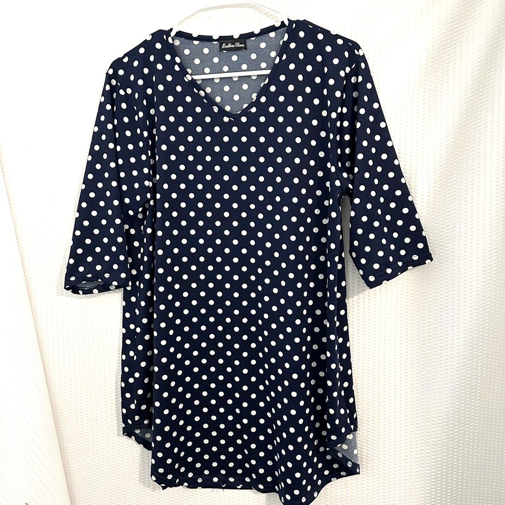 Southern Charm Navy Polka Dot Womens V Neck Blouse Top Size Large